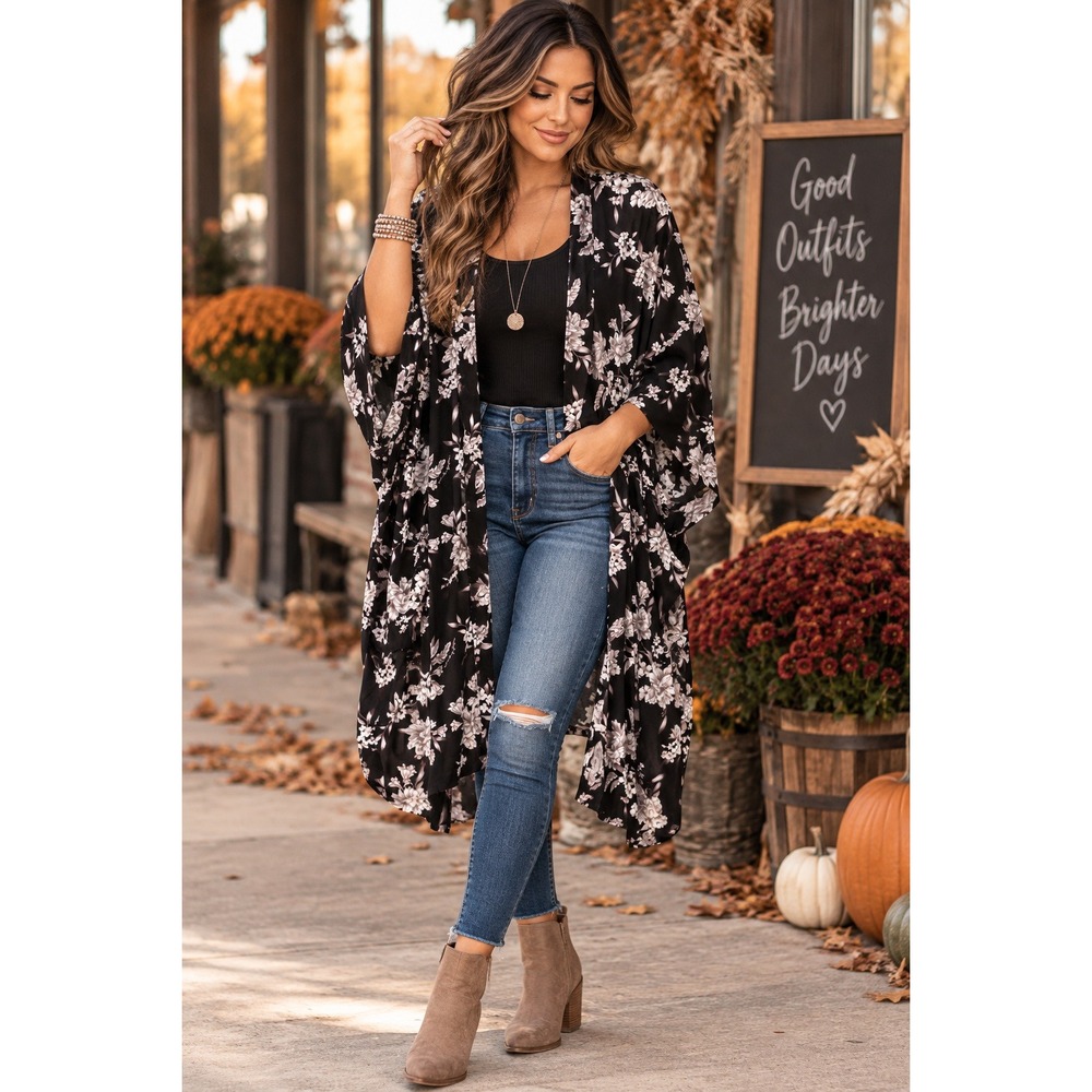 Spiritual Gangster Maya Kimono One Size Black Floral Rayon Boho Festival Duster